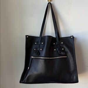 Laggo Siena Tote in Black Pebbled Leather, Zip Pockets, Classic, 13.5x12.5x5"